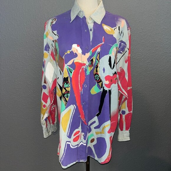 KOLORWAY Hand Painted Denim Button Down New Orleans Jazz Mardi Gras Shirt Top - Picture 1 of 10
